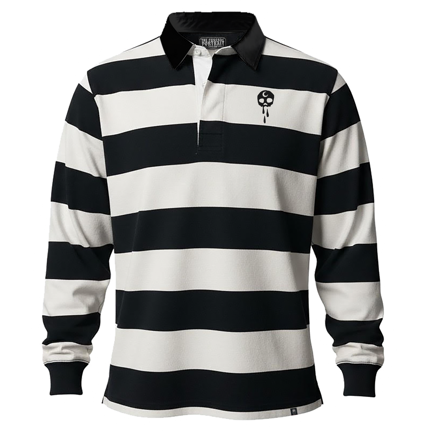 Black & White Striped Embroidered Skull Logo Rugby Shirt